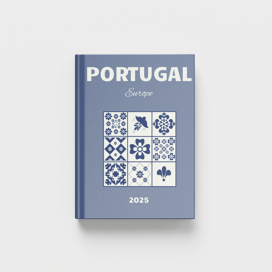 Blue photobook titled 'Portugal Europe 2025' with decorative pattern tiles on a white background