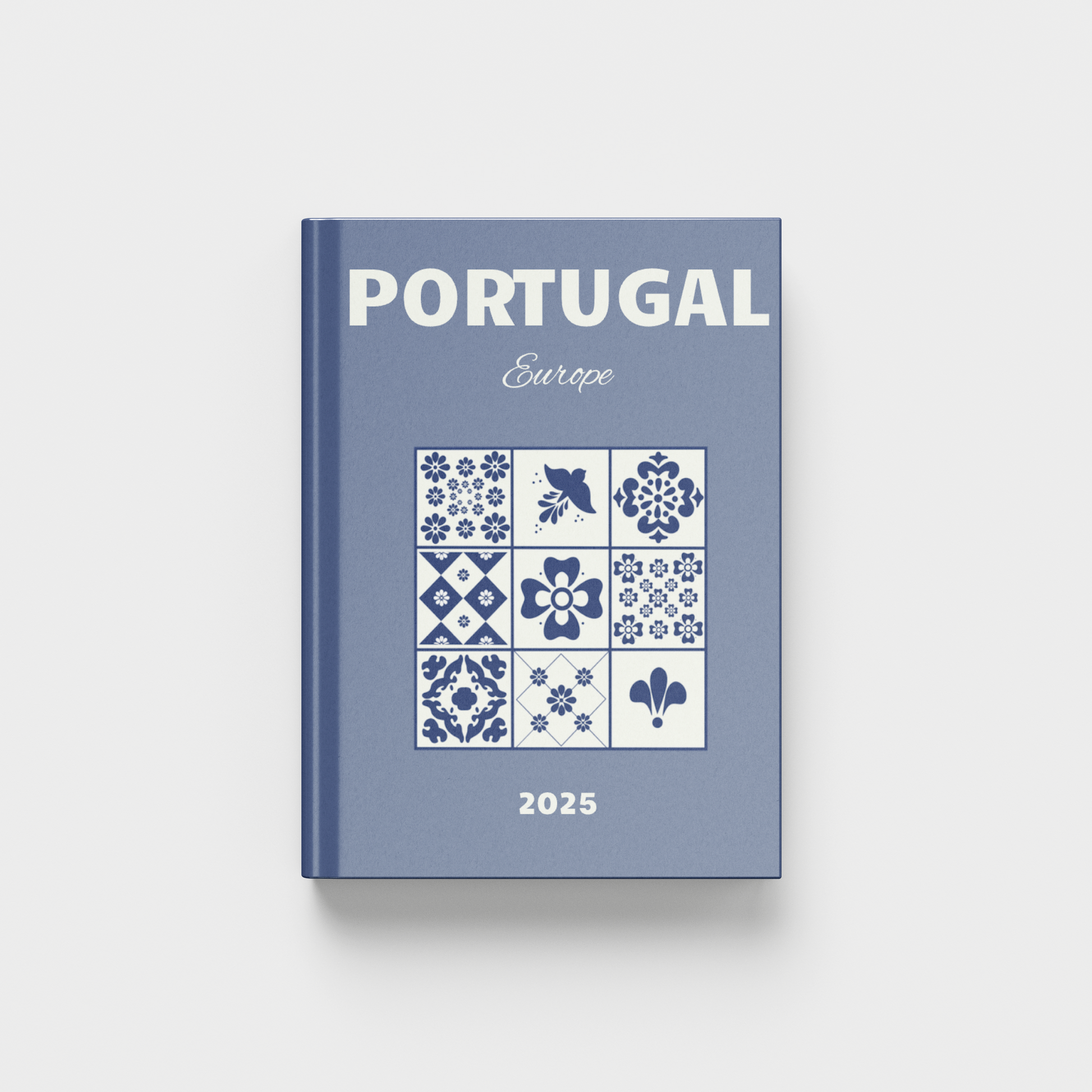 Blue photobook titled 'Portugal Europe 2025' with decorative pattern tiles on a white background