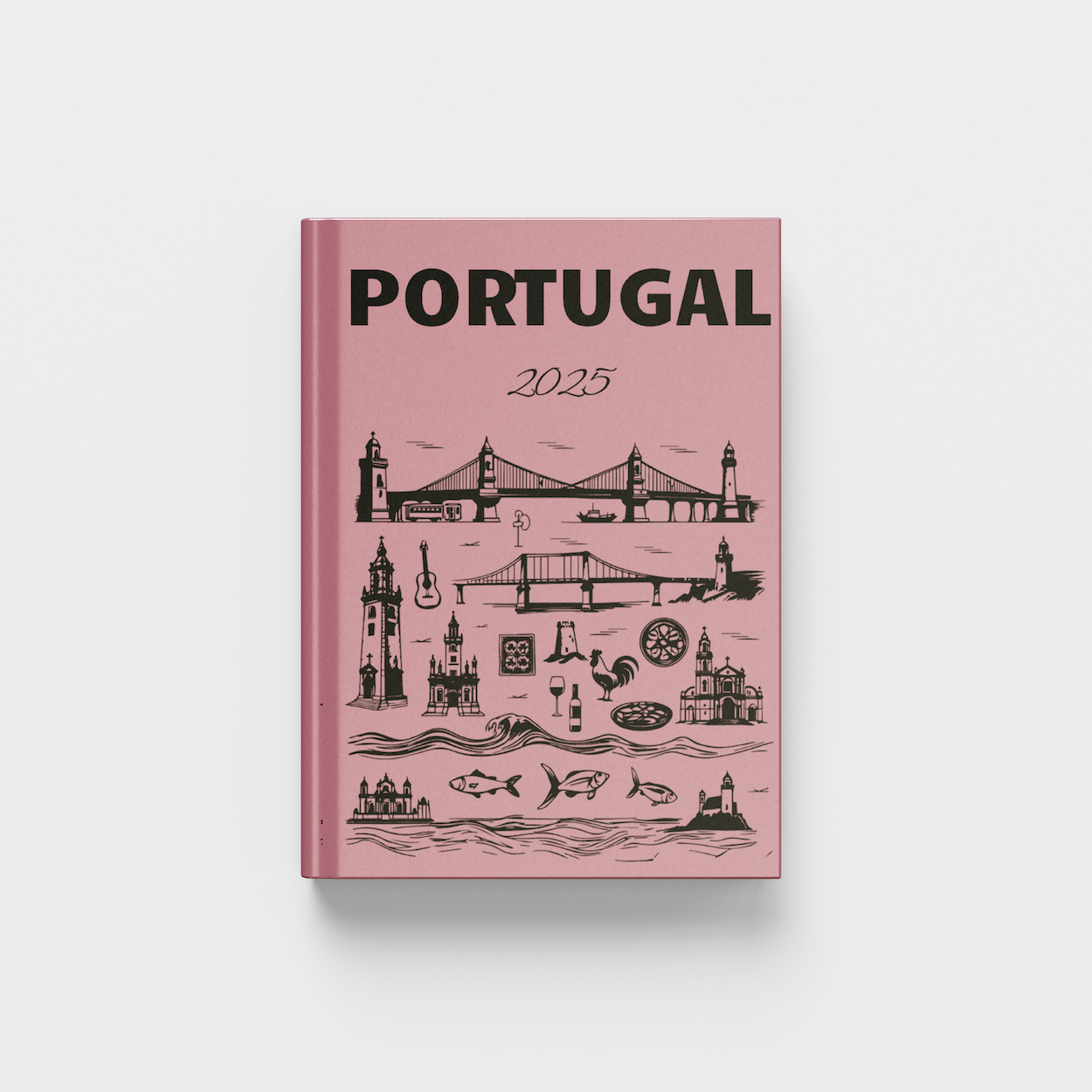 Pink photobook titled 'Portugal' with black illustrations on a white background
