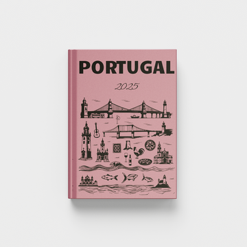 Pink photobook titled 'Portugal' with black illustrations on a white background