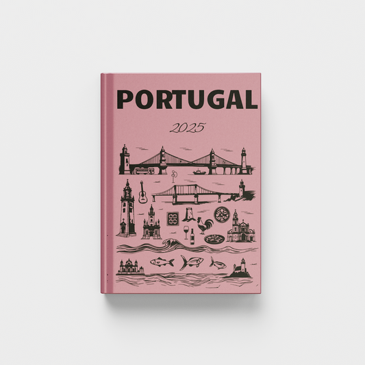 Pink photobook titled 'Portugal' with black illustrations on a white background