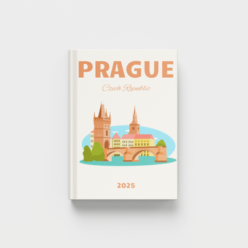 photobook cover with illustration of a Prague landmark and text on a white background