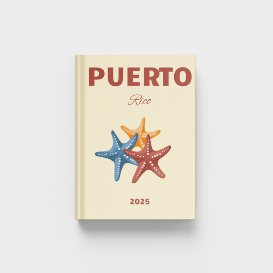Puerto Rico photobook with starfish design on a beige background
