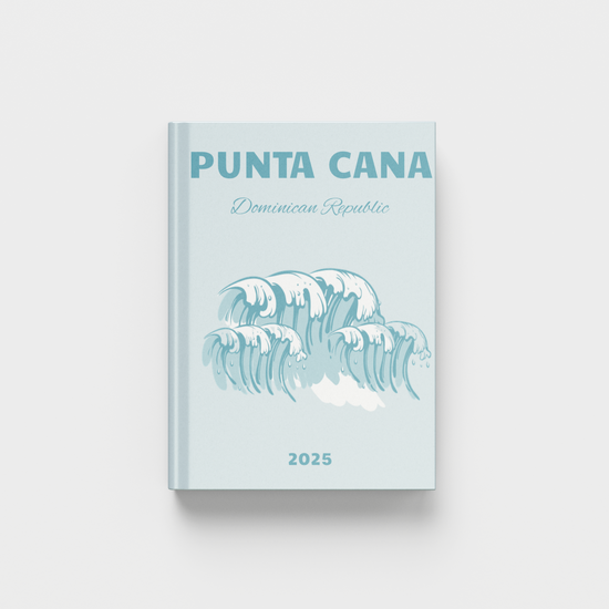 Punta Cana travel photobook on a white background with an ocean wave illustration