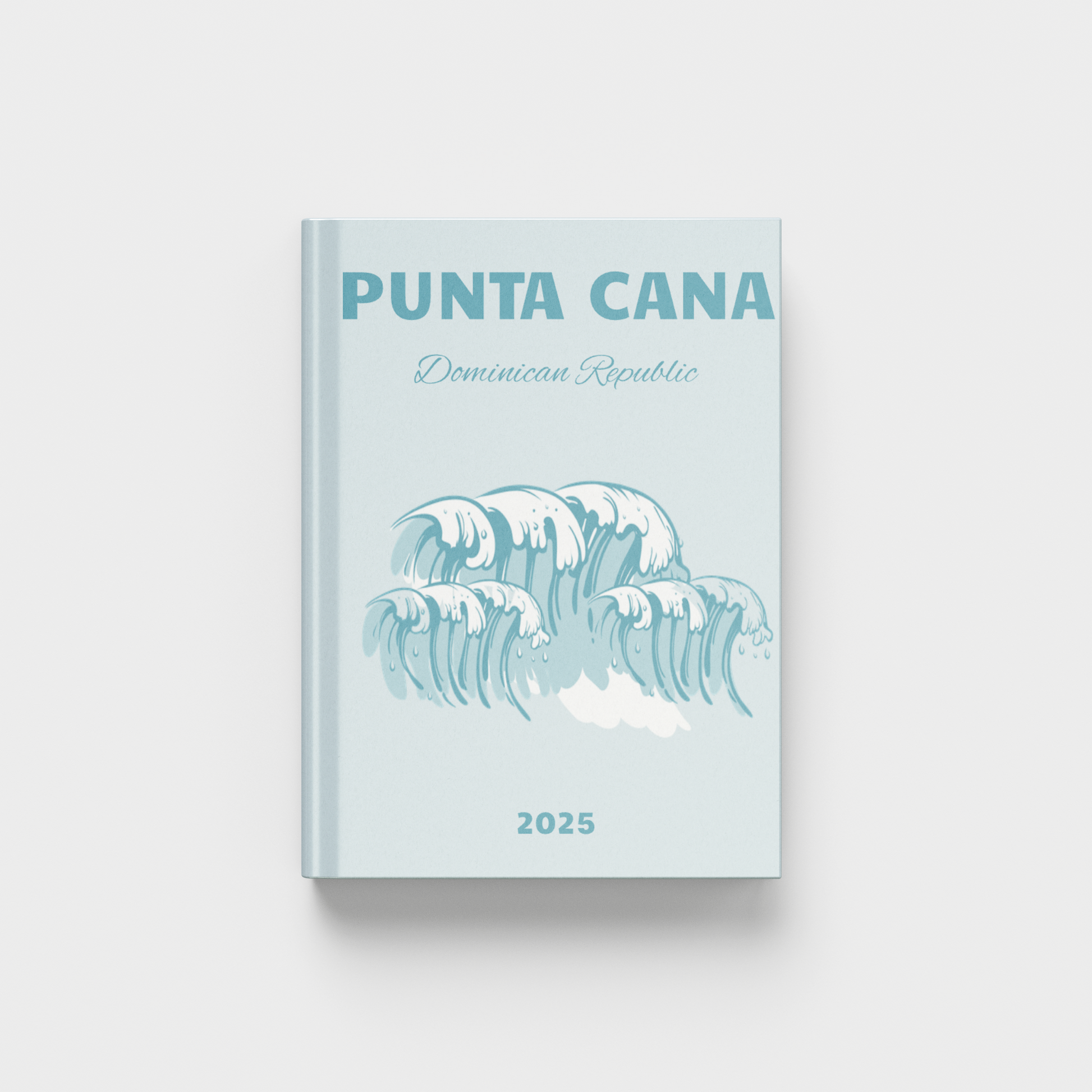 Punta Cana travel photobook on a white background with an ocean wave illustration