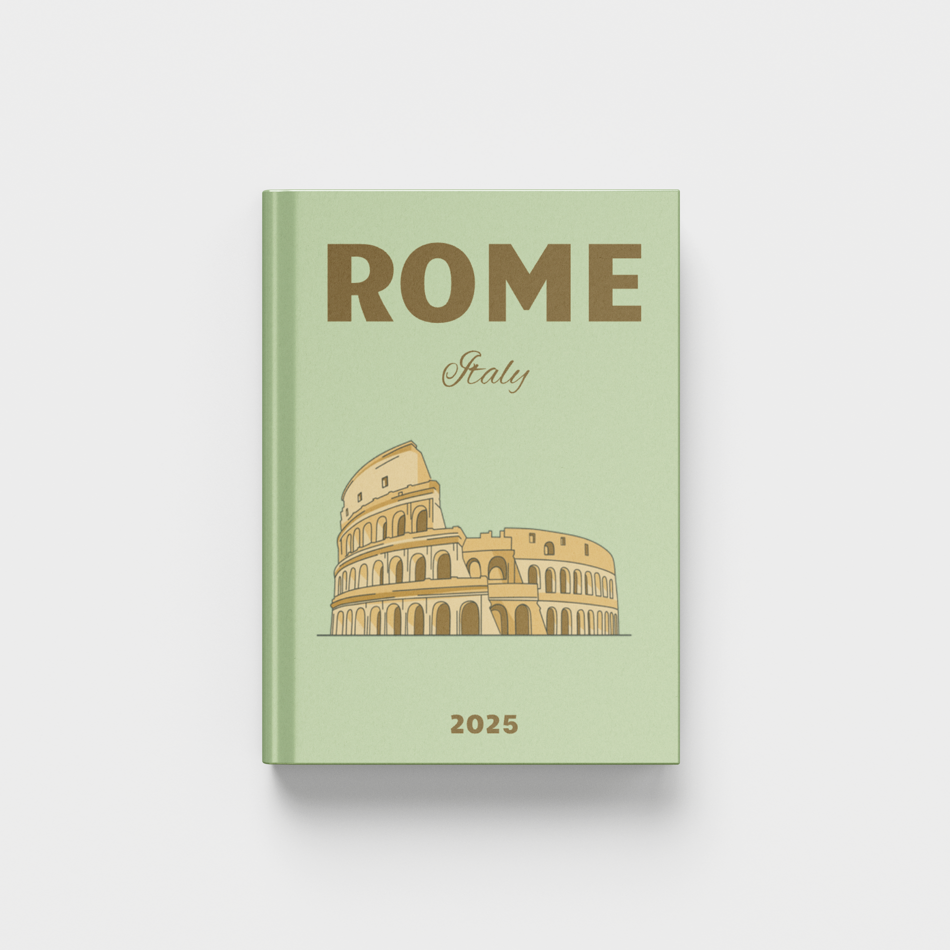 Rome Italy travel photobook with Colosseum illustration on a light green background
