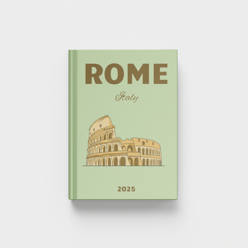 Rome Italy travel photobook with Colosseum illustration on a light green background
