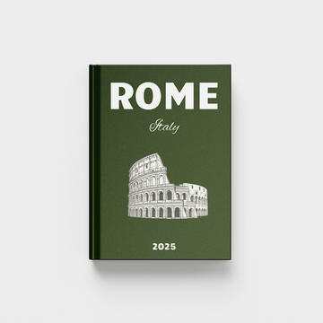 Rome Italy travel photobook with Colosseum illustration on a green background