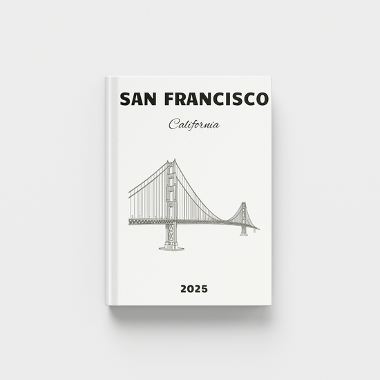 photobook with a black and white illustration of the Golden Gate Bridge on a white background