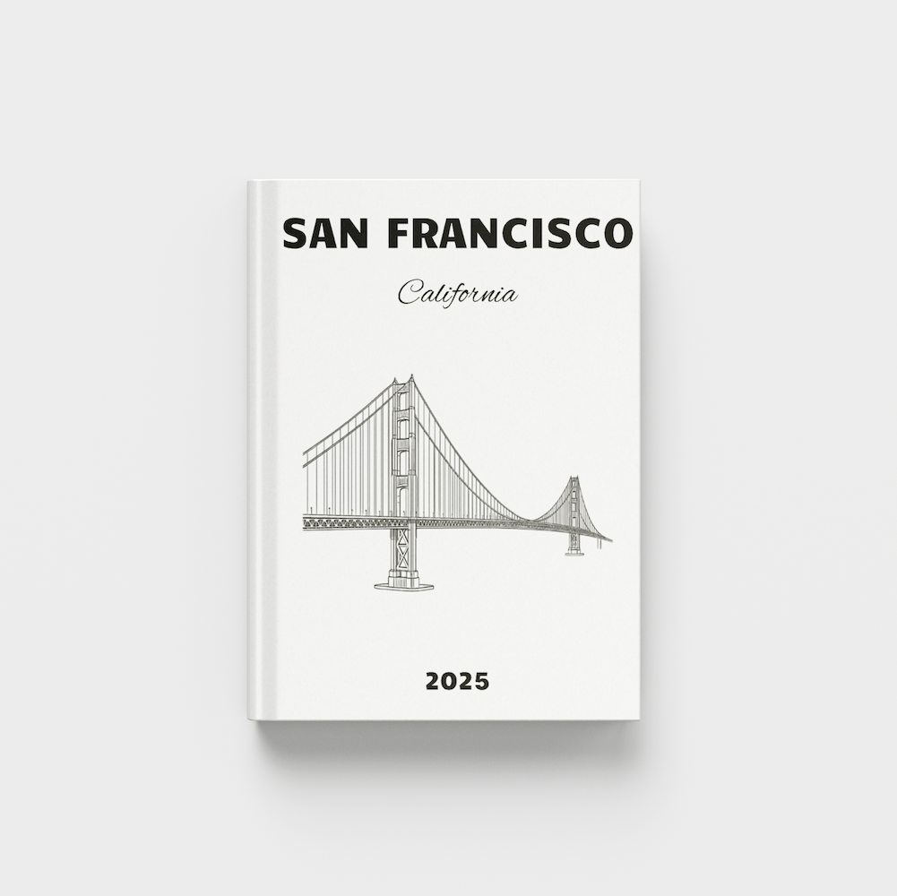 photobook with a black and white illustration of the Golden Gate Bridge on a white background