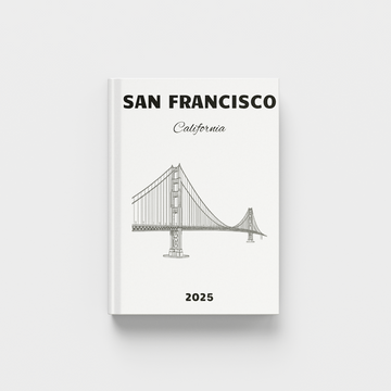 photobook with a black and white illustration of the Golden Gate Bridge on a white background