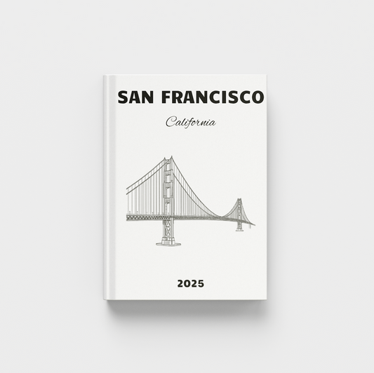 photobook with a black and white illustration of the Golden Gate Bridge on a white background