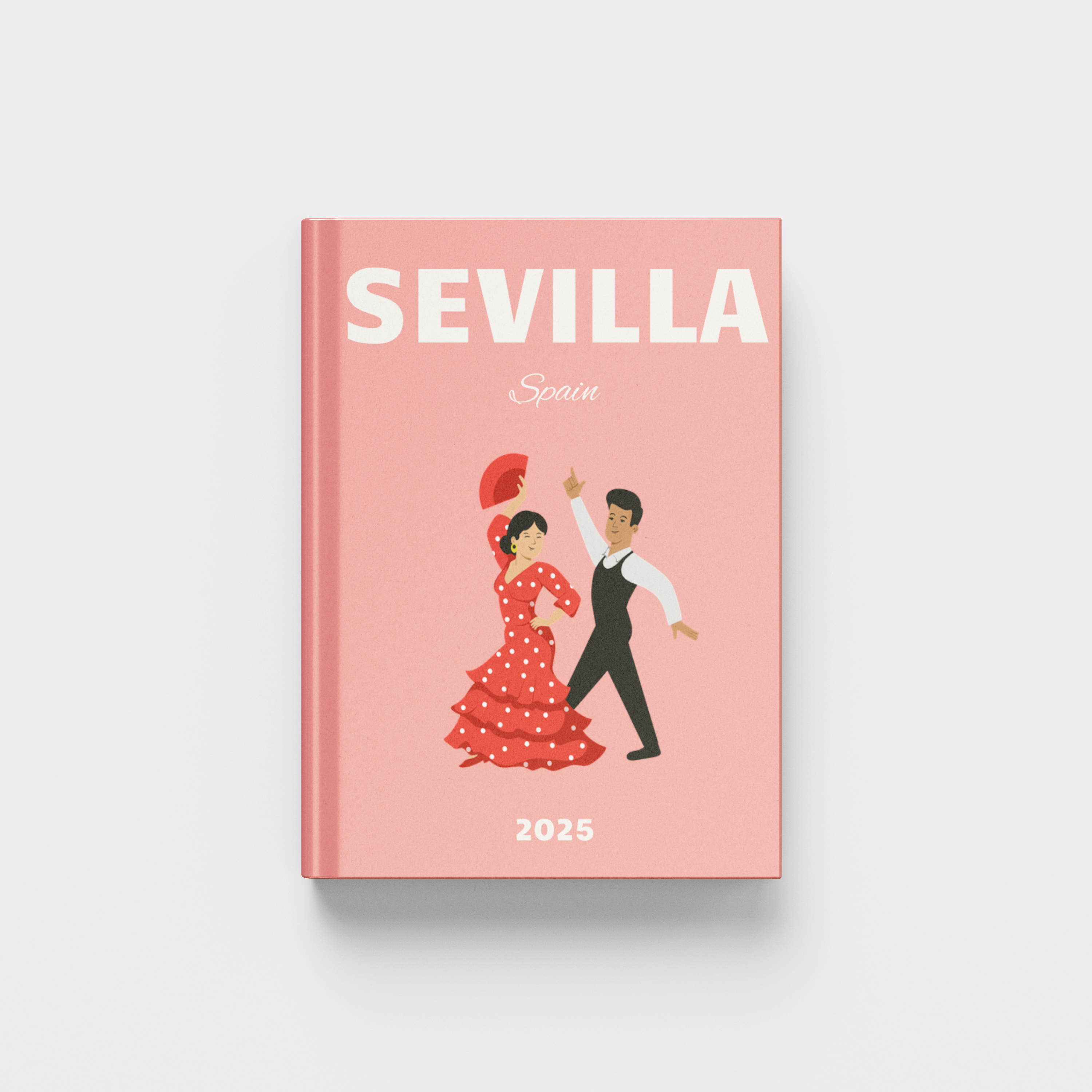 photobook cover with illustration of a couple in traditional Spanish attire and 'Sevilla' text on a pink background