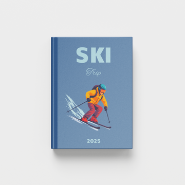 Ski trip blue photobook with a skier illustration on a light gray background