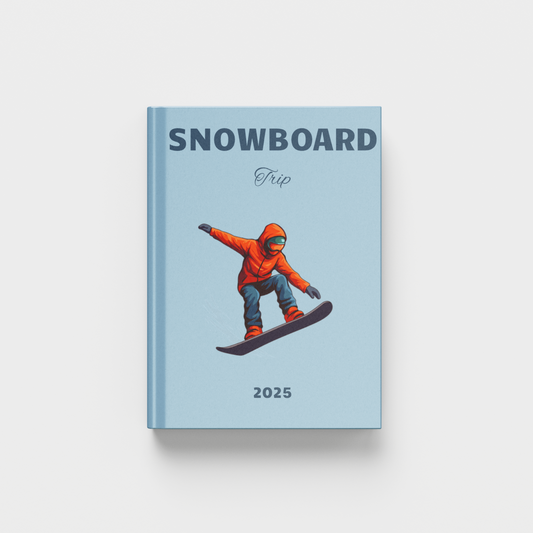 Blue snowboarding photobook on a light gray background