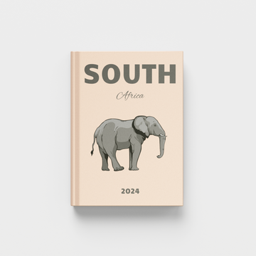 photobook with an elephant illustration and 'South Africa' text on a beige cover against a white background