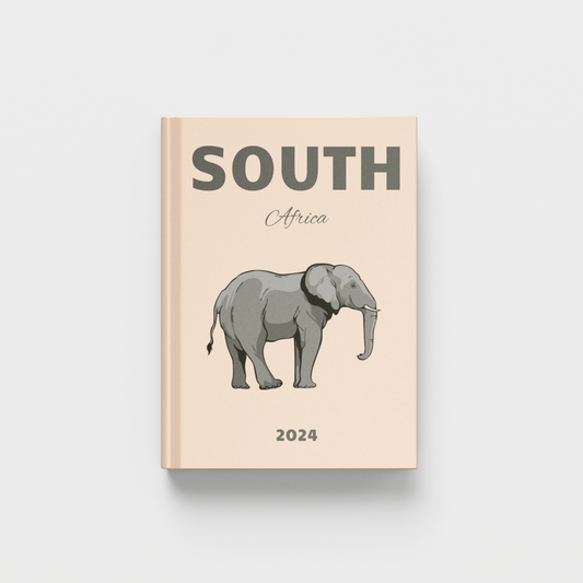 photobook with an elephant illustration and 'South Africa' text on a beige cover against a white background
