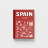 Red photobook cover with 'Spain' and white illustrations on a light gray background