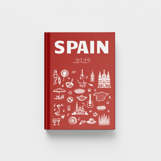 Red photobook cover with 'Spain' and white illustrations on a light gray background