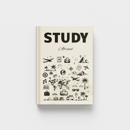Book titled 'STUDY Abroad' with travel-themed illustrations on a white background