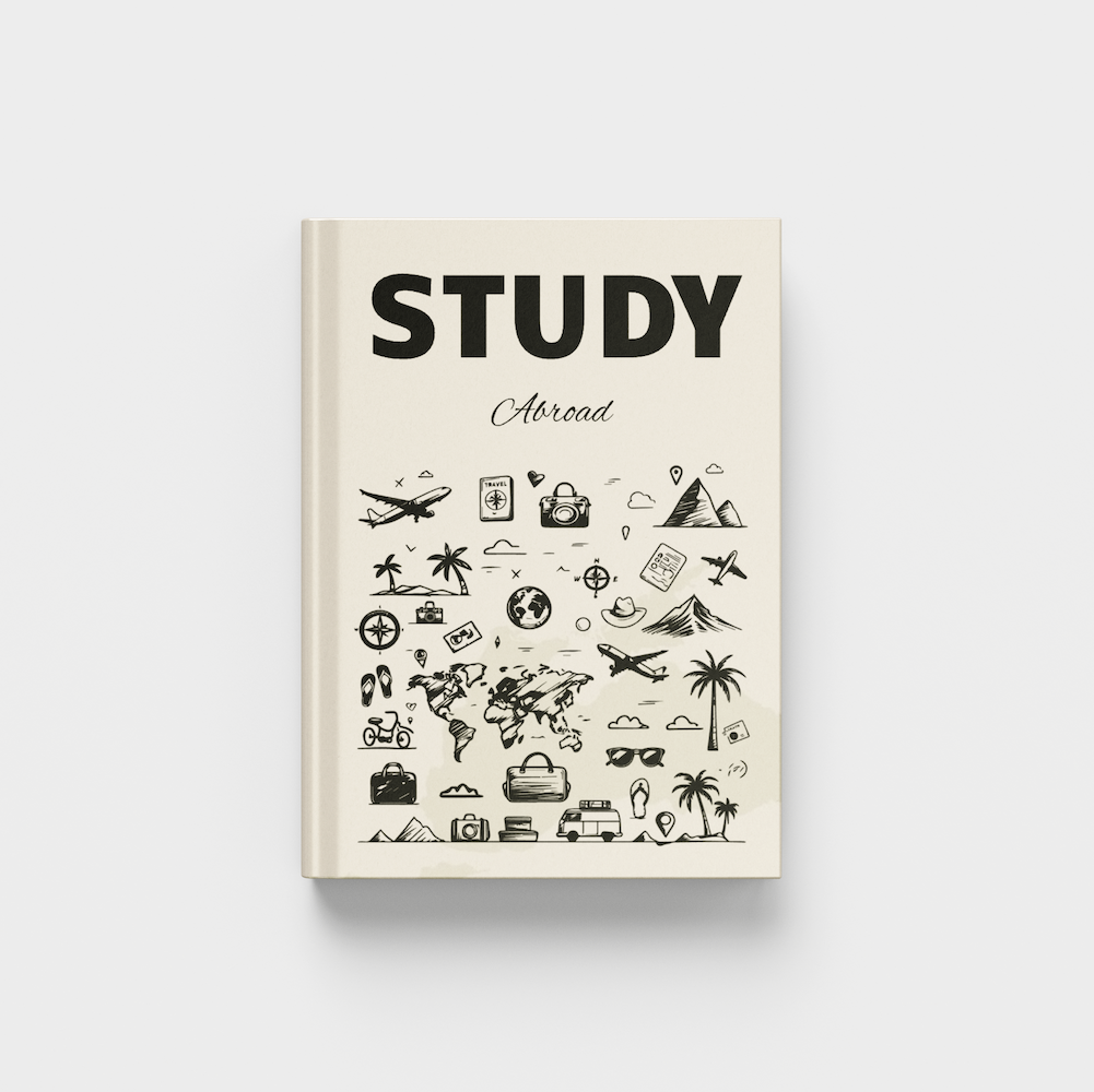 Book titled 'STUDY Abroad' with travel-themed illustrations on a white background