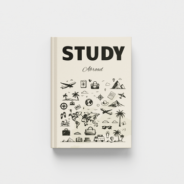Book titled 'STUDY Abroad' with travel-themed illustrations on a white background