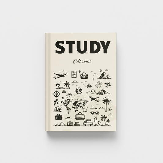 Book titled 'STUDY Abroad' with travel-themed illustrations on a white background