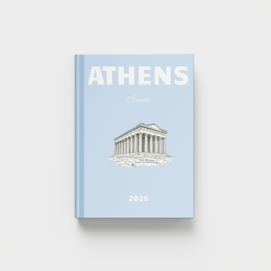 Light blue book titled 'Athens' with a architectural illustration on a white background