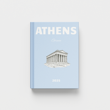Light blue book titled 'Athens' with a architectural illustration on a white background