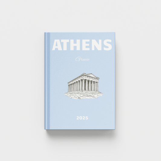 Light blue book titled 'Athens' with a architectural illustration on a white background