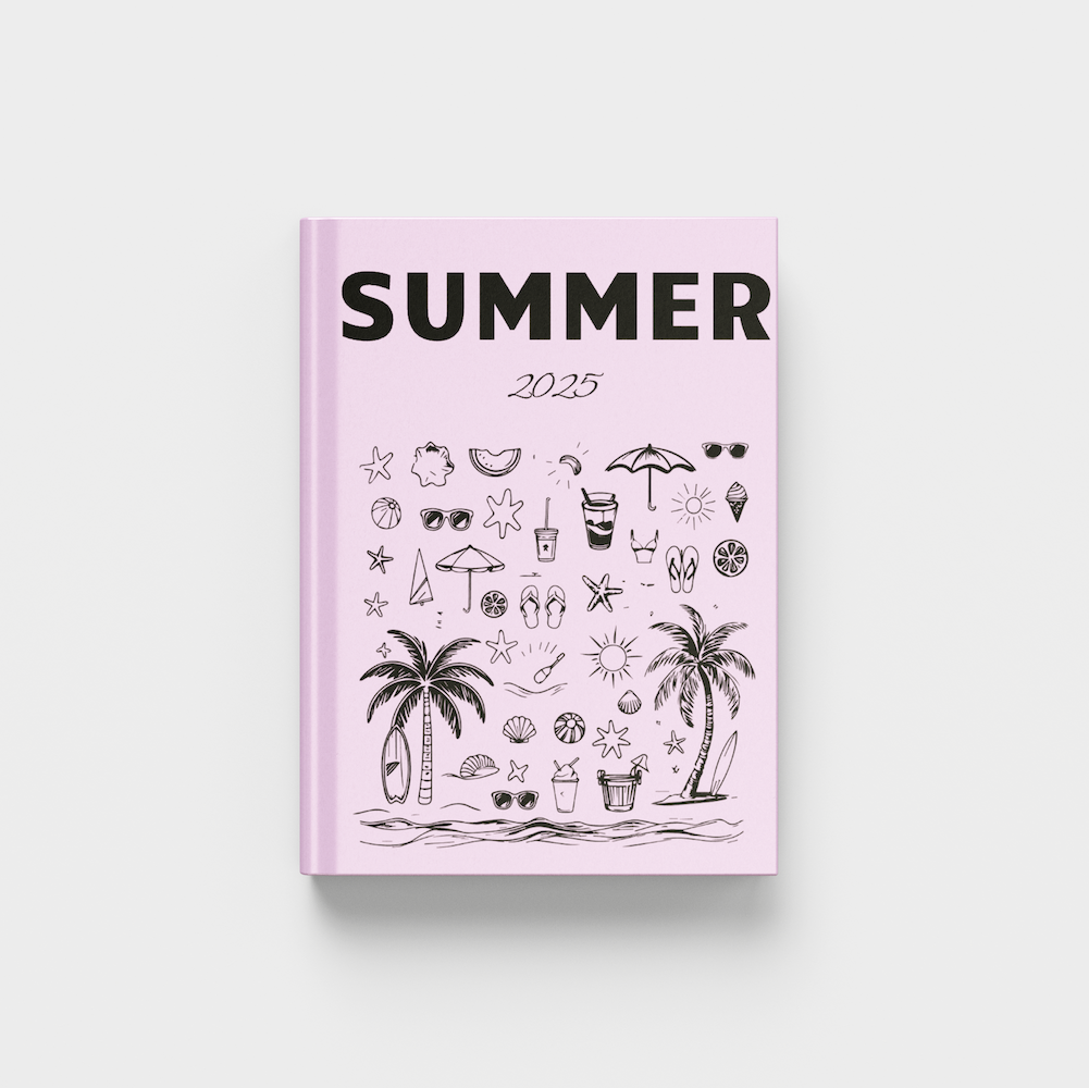 Pink photobook with 'Summer' text and summer-themed illustrations on a white background