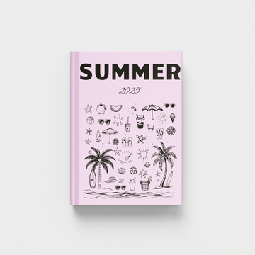 Pink photobook with 'Summer' text and summer-themed illustrations on a white background