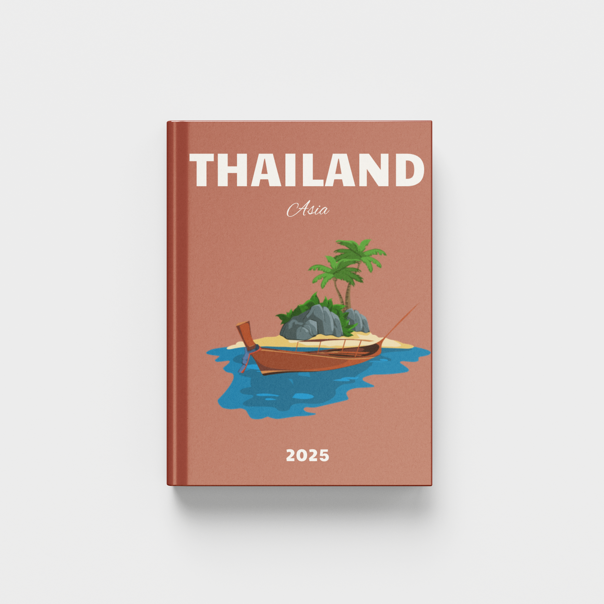 Thailand travel photobook with a boat and palm tree illustration on a white background