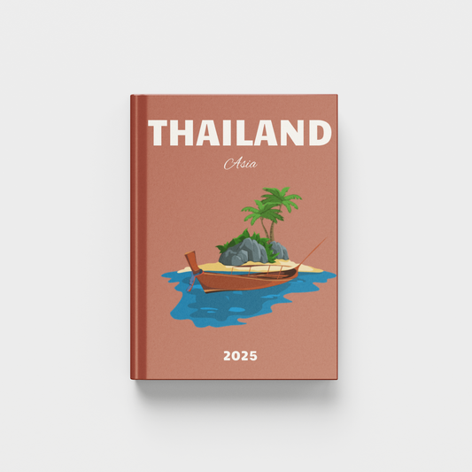 Thailand travel photobook with a boat and palm tree illustration on a white background