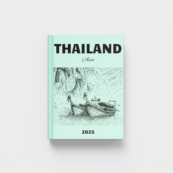 Book cover with 'Thailand Asia' text and illustration of a boat on a light green background