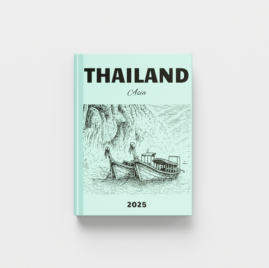 Book cover with 'Thailand Asia' text and illustration of a boat on a light green background