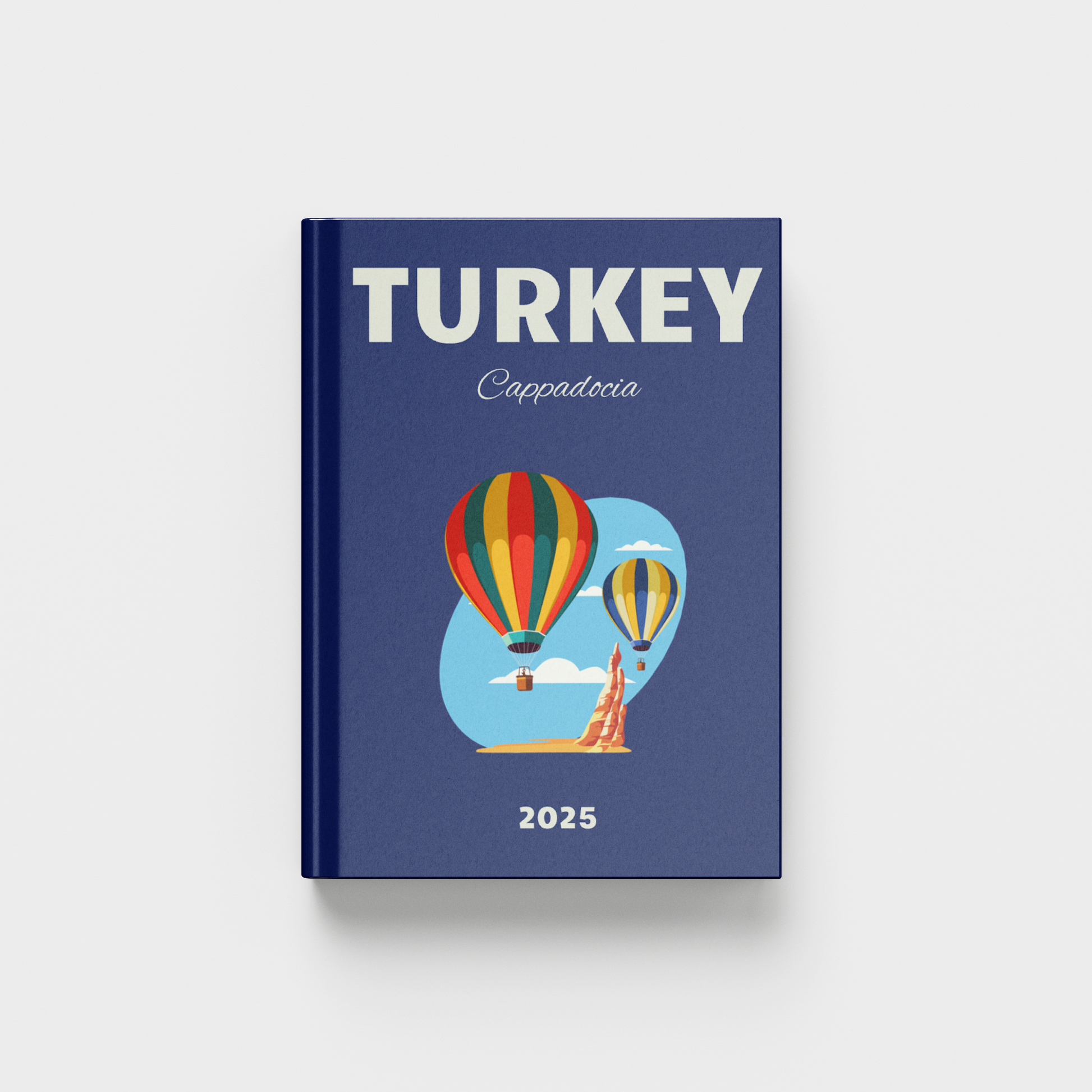 travel photobook for Turkey with hot air balloon illustration on a white background