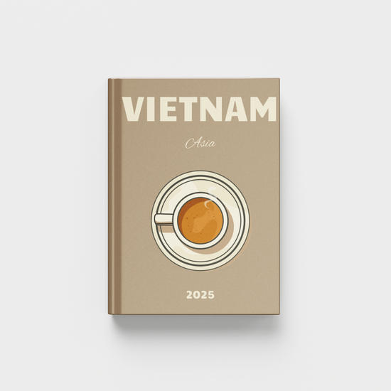 photobook cover with 'Vietnam' and a coffee cup design on a beige background