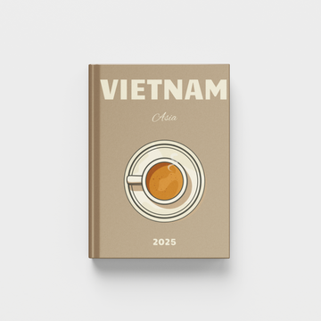 photobook cover with 'Vietnam' and a coffee cup design on a beige background