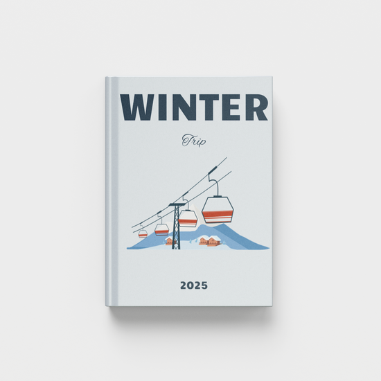 Light blue photobook cover with 'Winter' and ski lift illustration on a white background