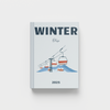 Light blue photobook cover with 'Winter' and ski lift illustration on a white background