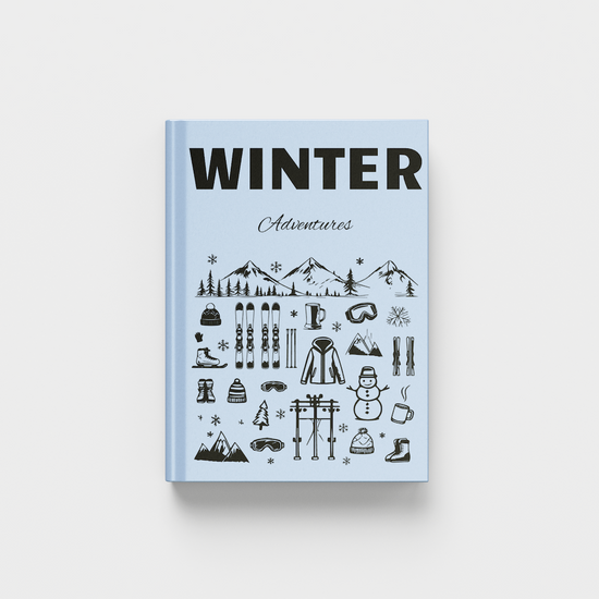 photobook titled 'Winter Adventures' with winter-themed illustrations on a light gray background