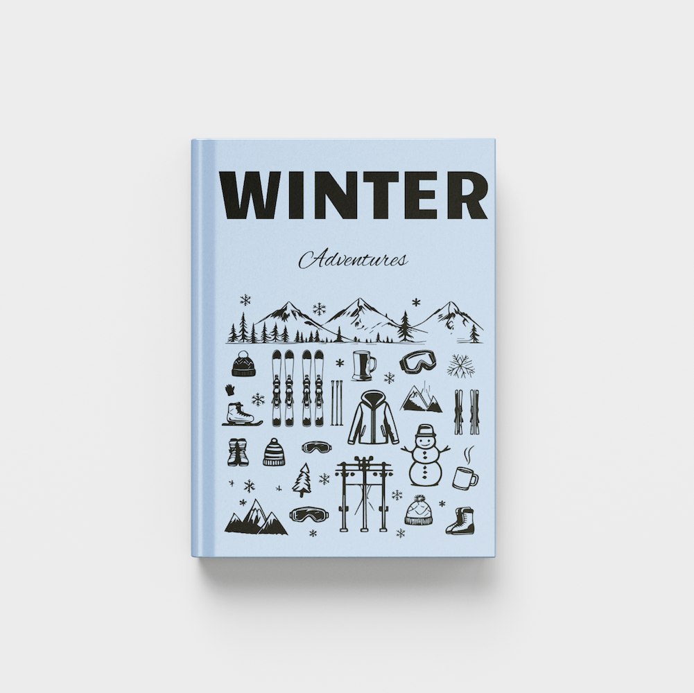 photobook titled 'Winter Adventures' with winter-themed illustrations on a light gray background