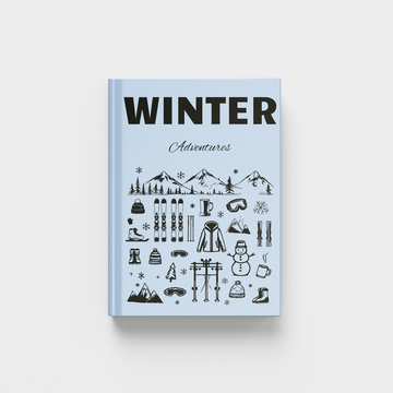 photobook titled 'Winter Adventures' with winter-themed illustrations on a light gray background