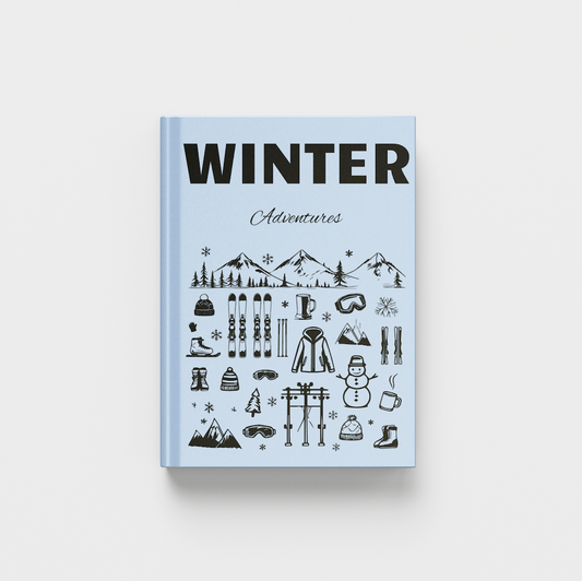 photobook titled 'Winter Adventures' with winter-themed illustrations on a light gray background