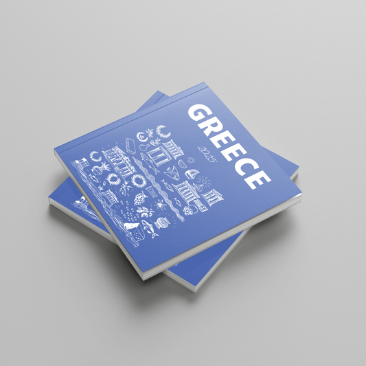 2 blue greece photobooks stacked on top of each other.