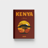 Kenya travel photobook with sunset design on a red background