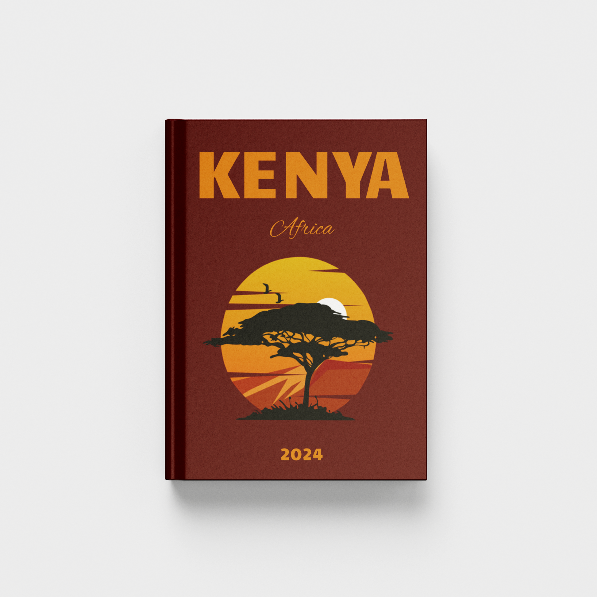 Kenya travel photobook with sunset design on a red background