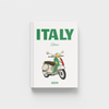 Photobook with a vespa illustration and 'Italy Rome 2024' text on a white background
