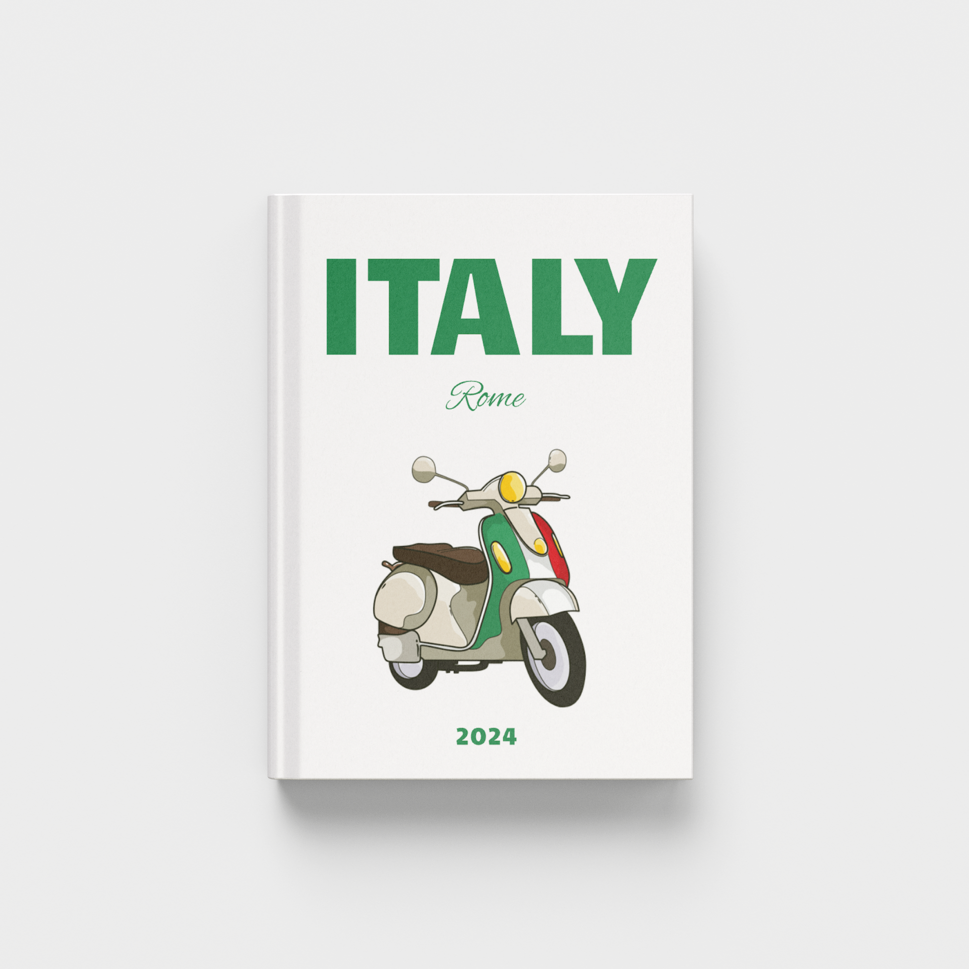 Photobook with a vespa illustration and 'Italy Rome 2024' text on a white background